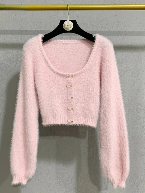 Autumn Korean Pink Mohair Short Sweater Women Long Sleeve Top Chic Rose  Button Cropped Cardigan Lady Kawaii Streetwear Outerwear