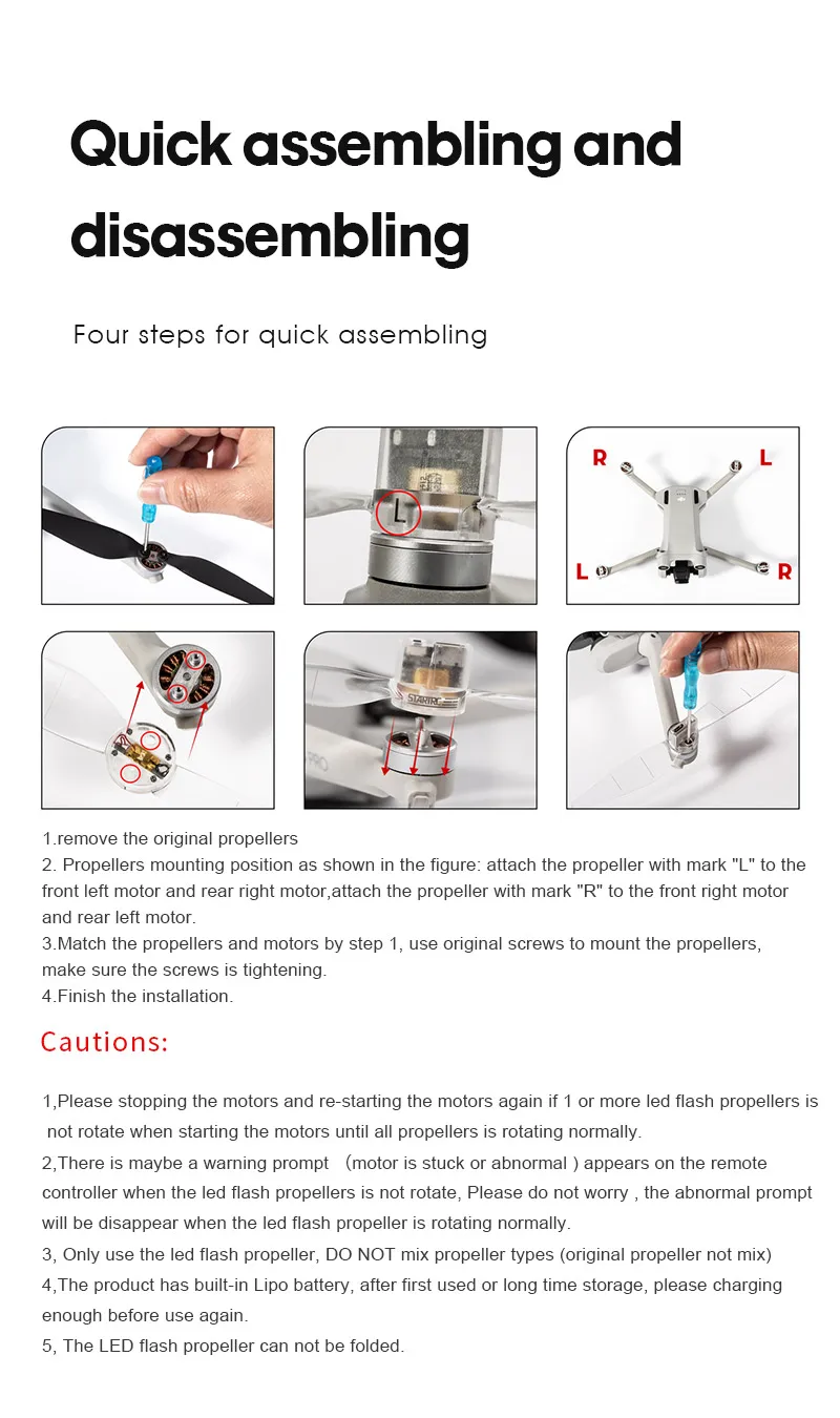 LED Light Flash Propeller, four steps for quick assembling and disassembling a remove the original propellers .