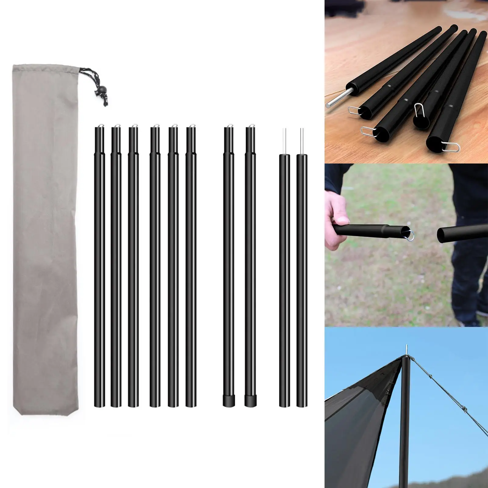 2 Pieces Camping  Poles Awning Rod Backpacking 5 Section Canopy Iron