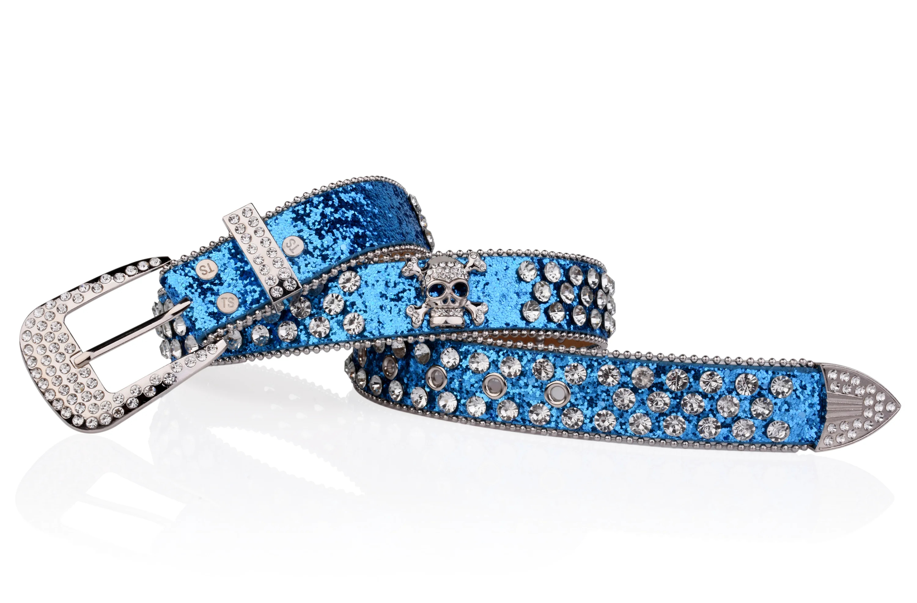 Strass Schädel Nieten Gürtel Blau & Rot Glitter PU Gürtel Hip Hop Jeans Hosen Gürtel Punk Cowboy Cowgirl Gürtel für Frauen Männer – Detail 2