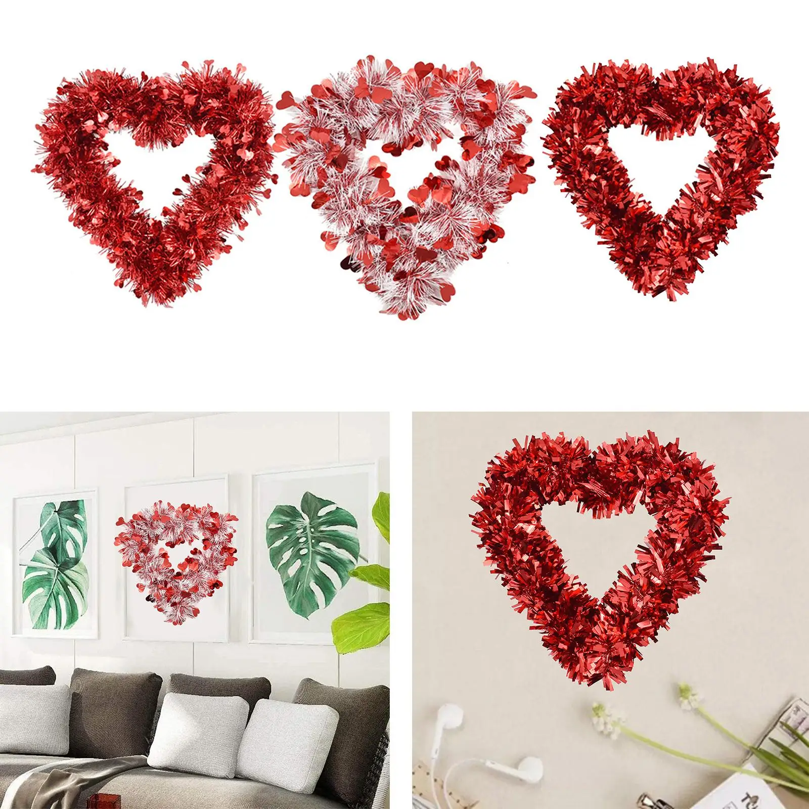 Valentine Heart Wreath Red Tinsel Heart Shaped Garland for Front Door Wall Valentine's Day Wreath Decorations