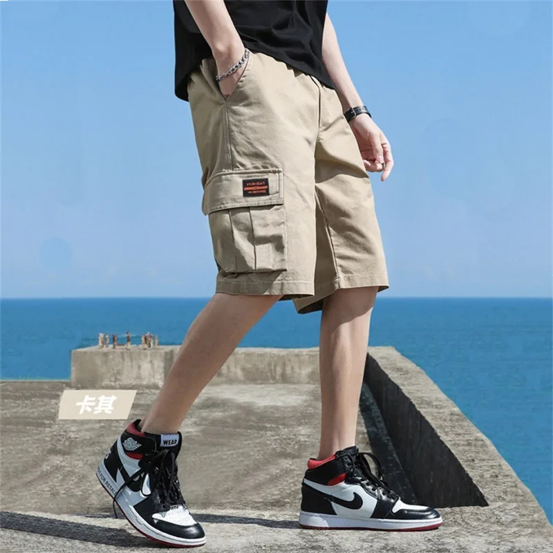 Shorts reto casual masculino, bolso com estampa