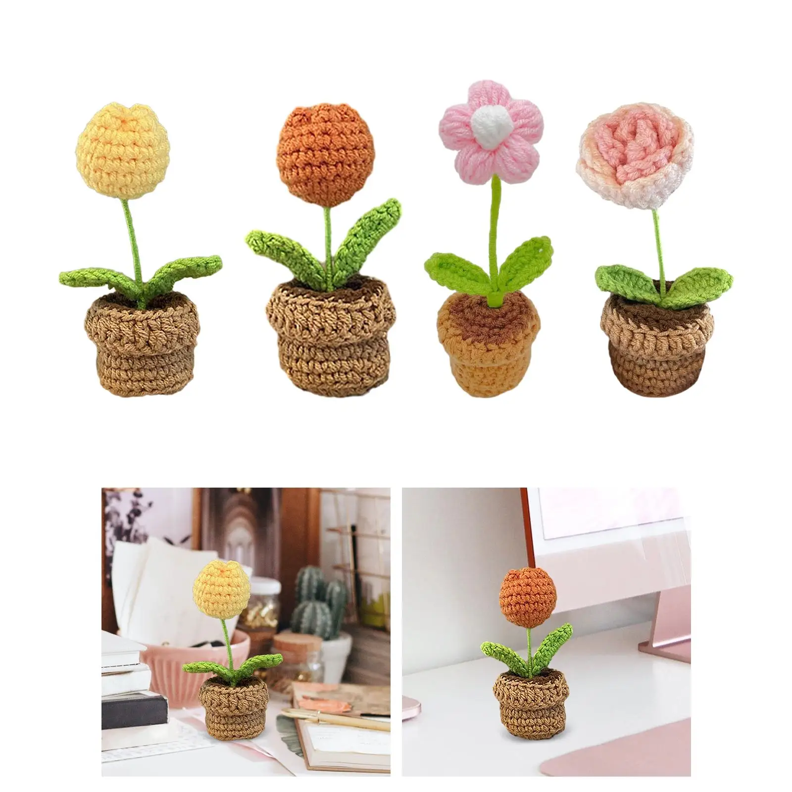 Knitting Crochet Flower Bouquet Handmade Knitted Small Potted Plants for Office Bathroom Shelf Desk Ornaments Gifts