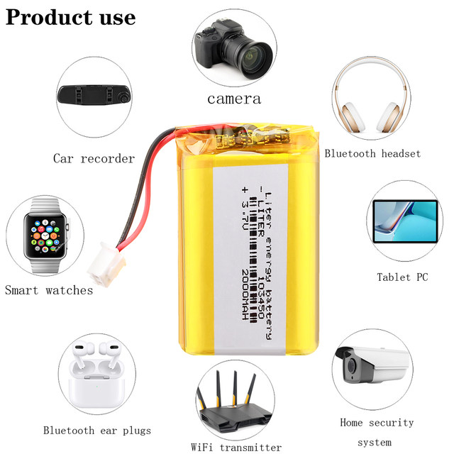 103450 3.7V 2000mAh Polymer Lithium Rechargeable Battery jst PH 2.5mm 2pin  plug for Camera GPS navigator MP5 Bluetooth Headset