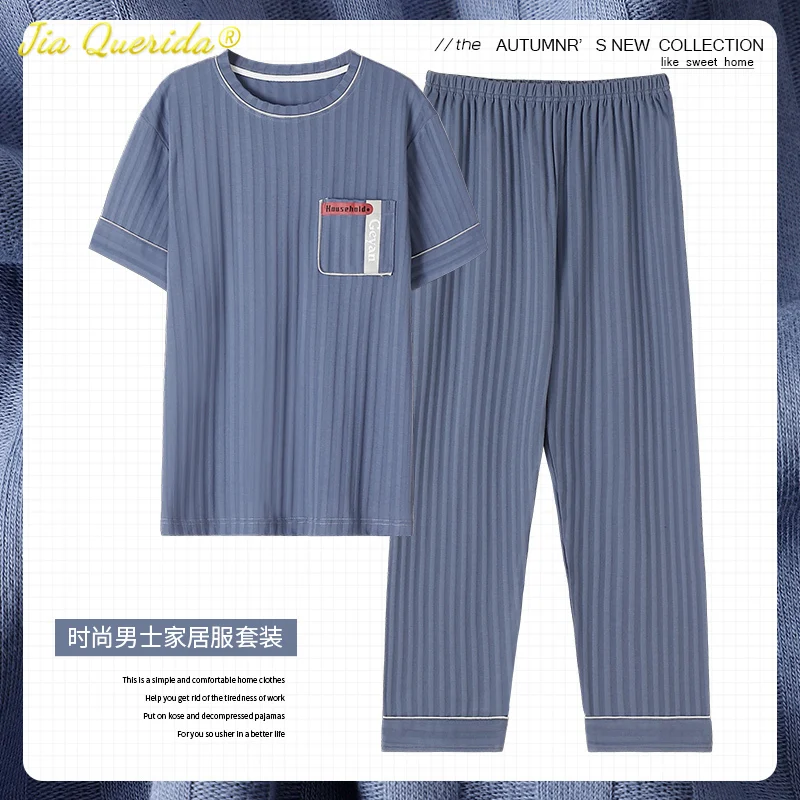 pajama pants 5XL Luxury Men Summer Big Nightwear Knitted Cotton Pajamas Set Elegant Mens Leisure Sleepwear Short Sleeved Long Pants Pyjama men's loungewear sets