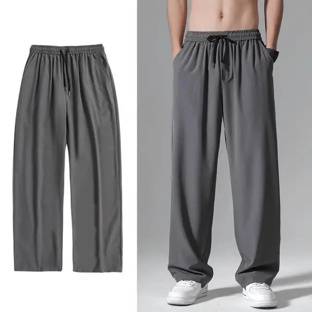 Men Pants Ice Silk Trousers Drawstring Elastic Waistband Pockets