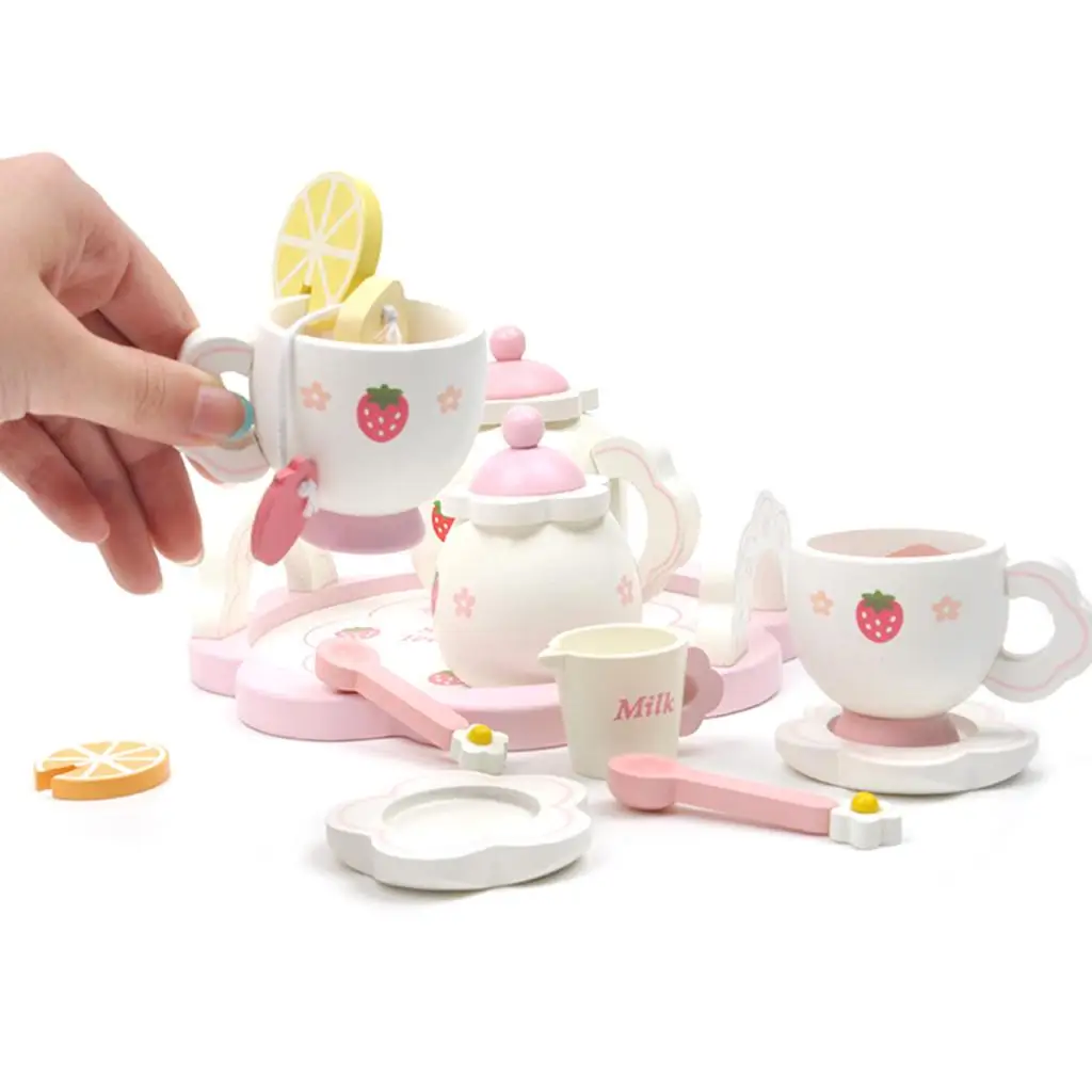 Mini Delicate Wooden Strawberry Tea Set Kids Preschool Food  Playset