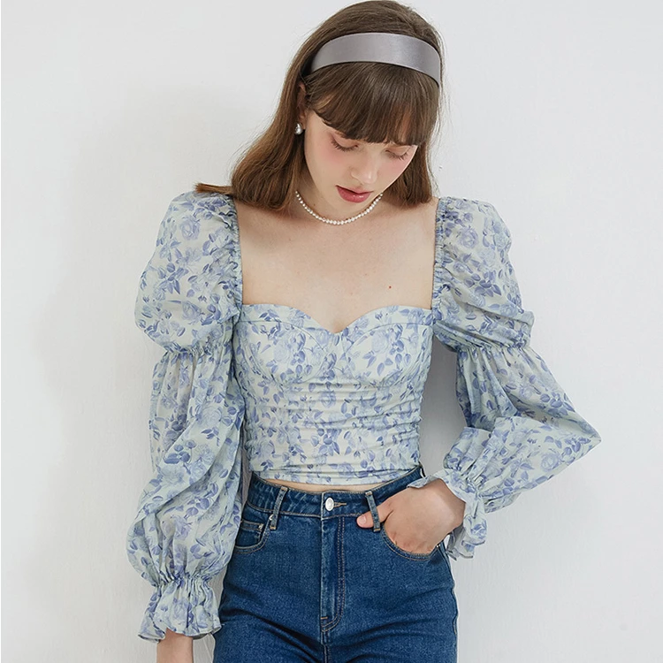 Puff Sleeve Top blue   Women’s French Look blouse Style Spring Chic Slim plus size womens Aesthetic cotton-blend Tops Crop Fashion Sweetheart Office Lady Daily Floral Square neck Blouses for Woman