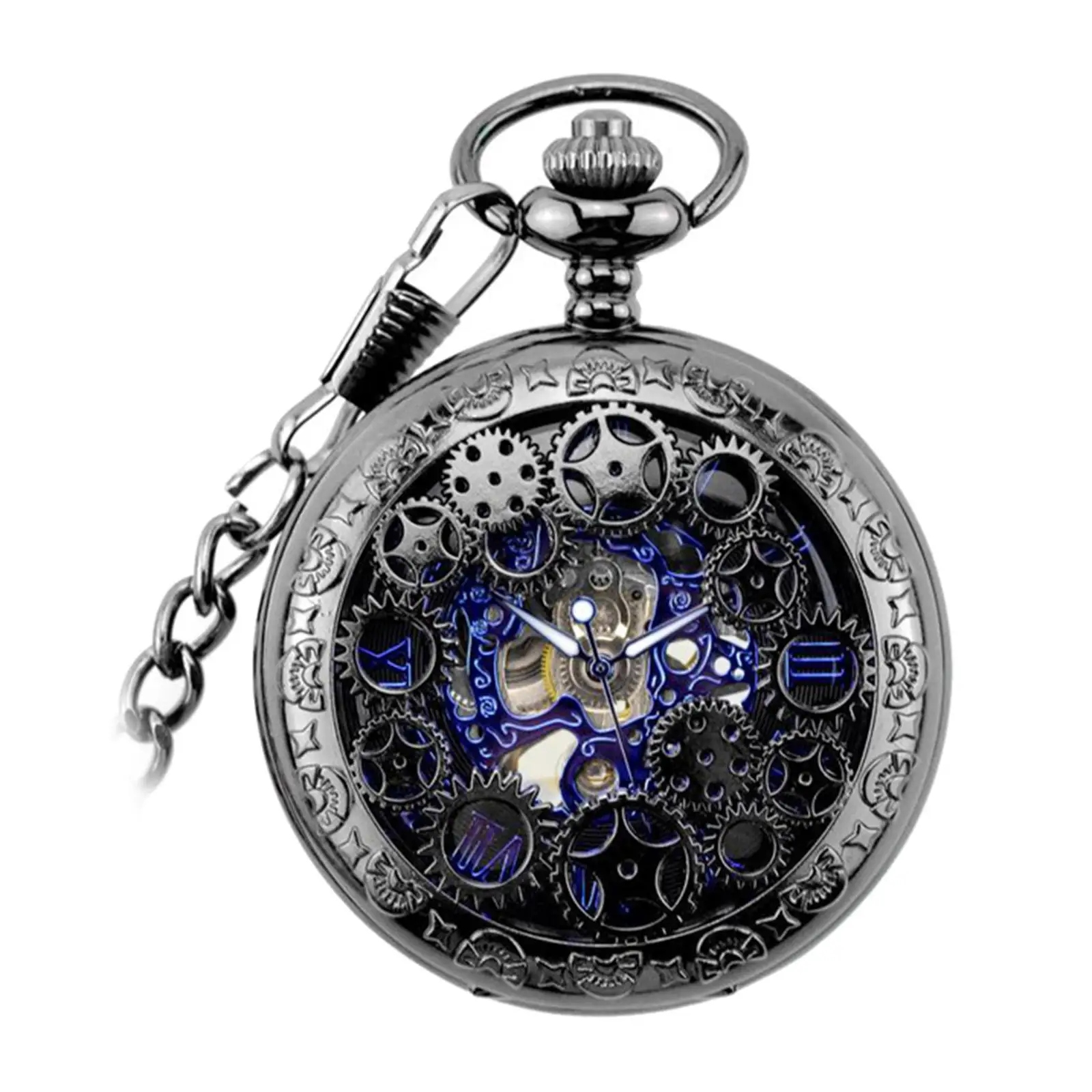 Classic Skeleton Roman Design Metal Mechanical Hand Winding Pocket Watch with Chain