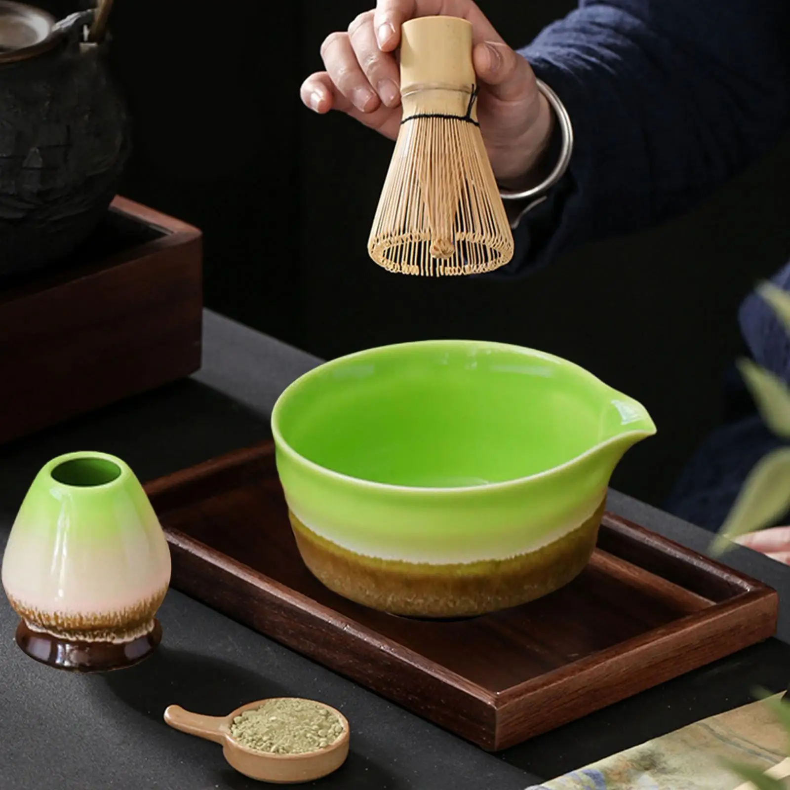 2Pcs Handmade Matcha Ceremony and Whisk Holder Best Gift Ceramic Matcha Bowl for Tea Lovers Family Beverage Beginner Friends