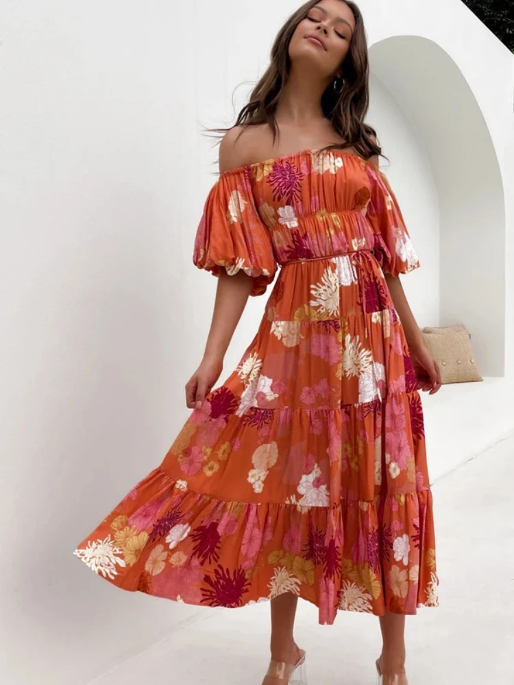 Women Summer Pleated Beach Dresses Sexy Off Shoulder Dress Floral Print Casual Loose Maxi Dresses Party Dress Vestido Feminino