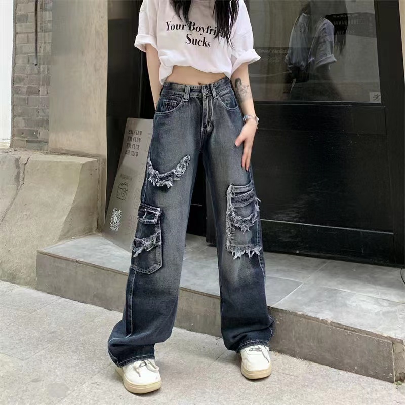 y2k street hip hop collages casual patchwork mom jeans