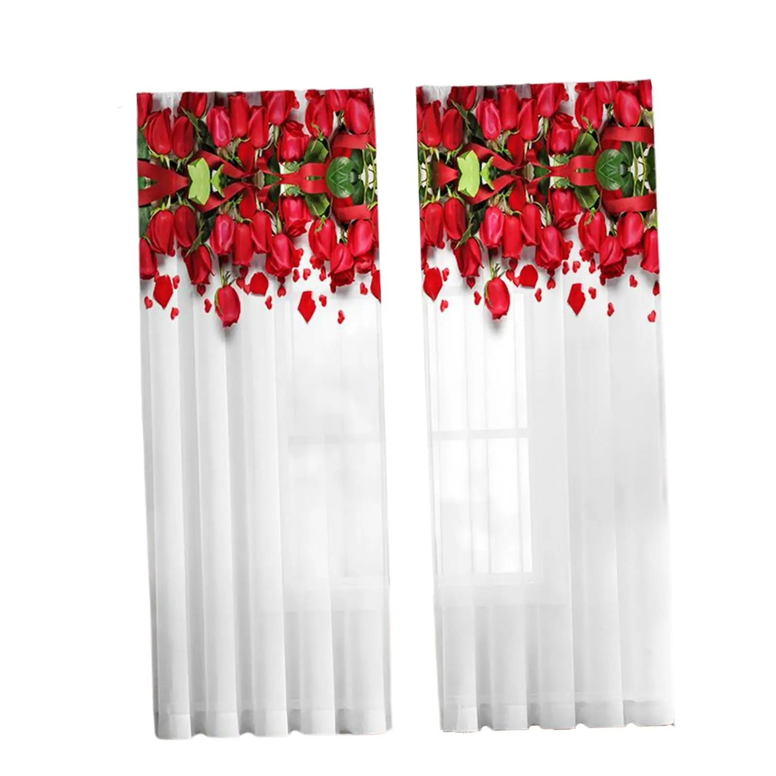 2x Printed Sheer Curtains Rose Flower Curtain Panels Floral White Sheer Curtain for Kids Room Living Room Window Bedroom Kitchen