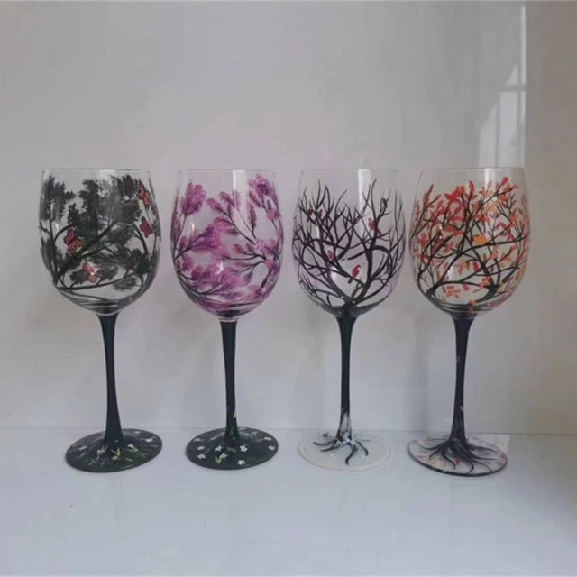 ART & ARTIFACT Four Seasons Tree Wine Glasses Set of 4 Hand Painted Wine  Glasses