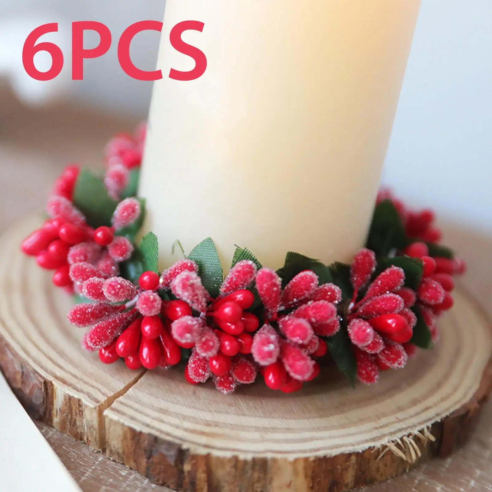 6Pcs Christmas Candle Ring Wreath Ornament Greenery Farmhouse Wreath for Party Home Valentine`s Day Tabletop Decorations