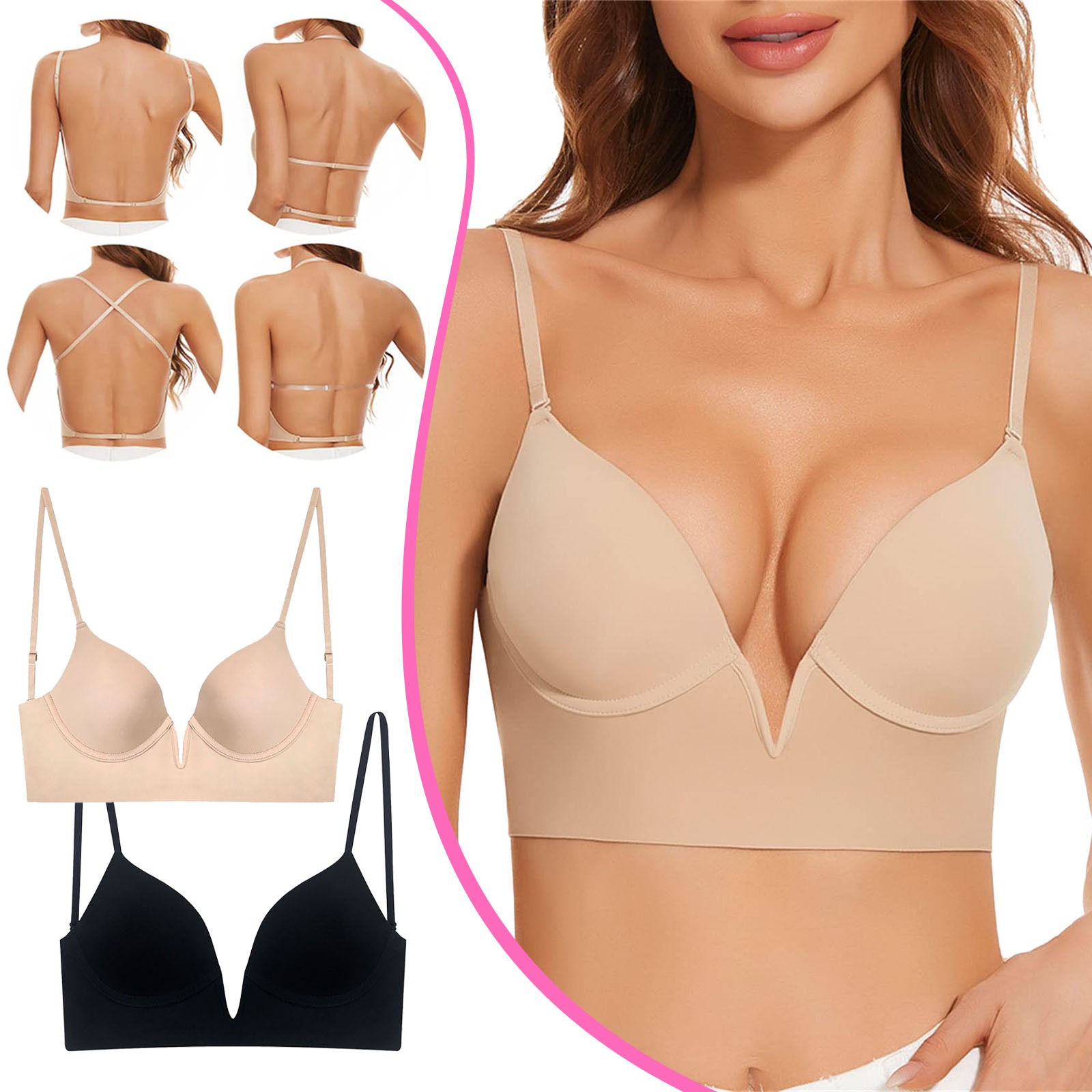 Noarlalf backless bra French Deep V Low Cut Large Open Back U Shaped  Beautiful Back Seamless Underwear Small Chest Gathered Anti Sagging Bra  Without Steel Ring backless bra 