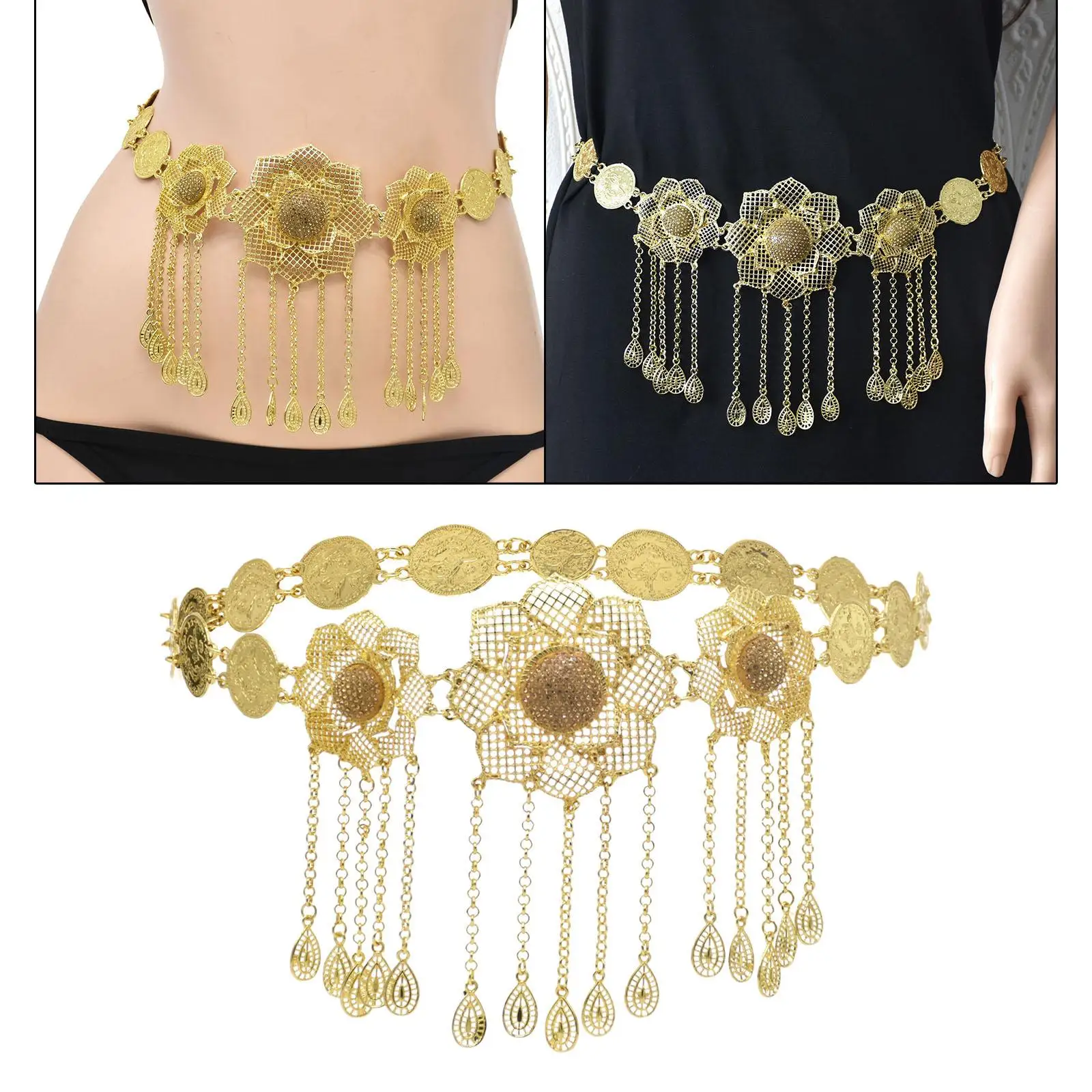 Trendy Golden Metal Belly Chain Hollow Flower Coin Bikini Women Waist Chain