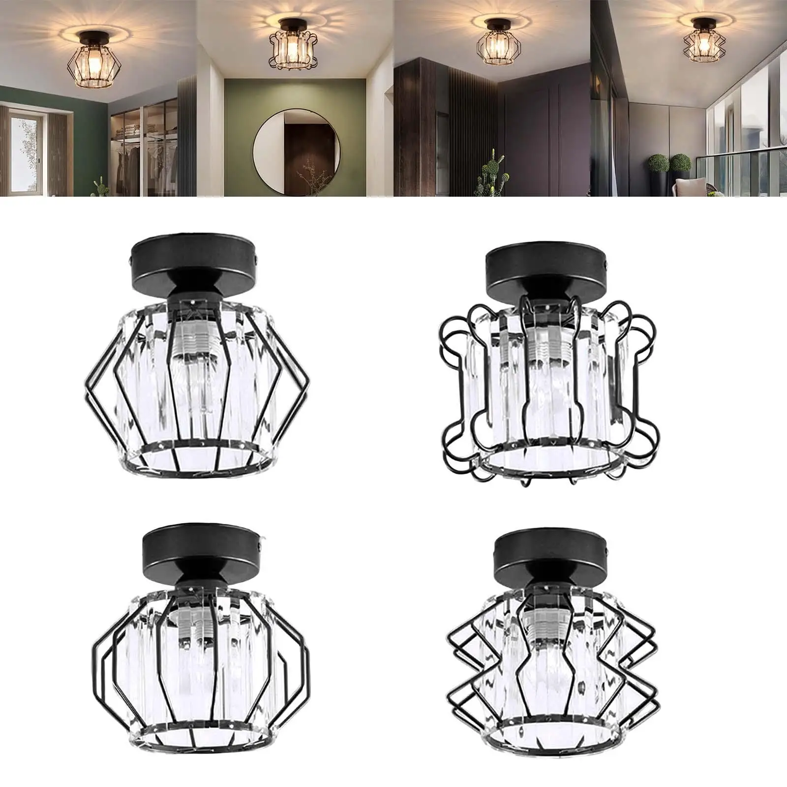 Nordic Style Crystal Ceiling Light Metal Caged for Office Entryway Kitchen