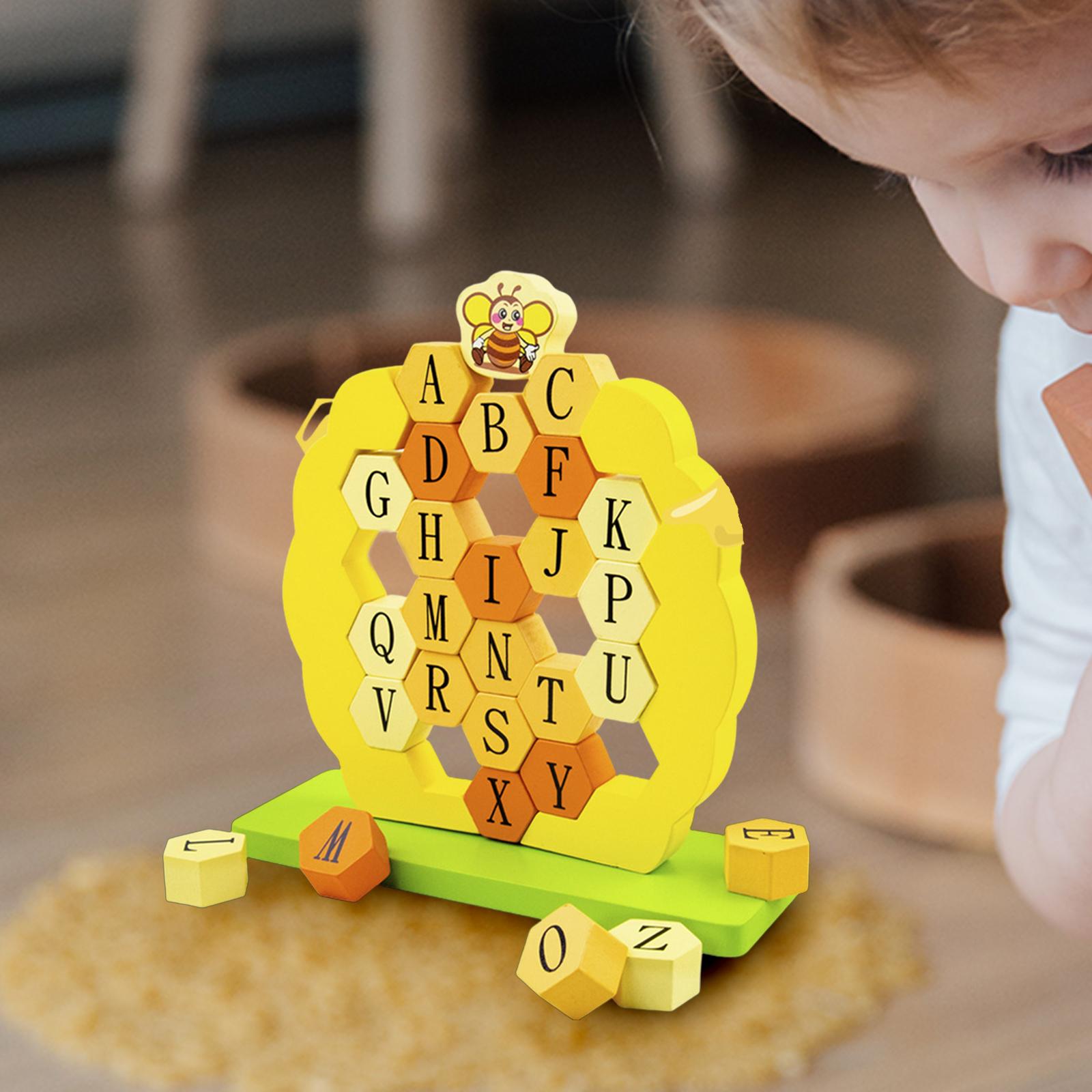 Wooden Honeycomb ABC Alphabet Puzzle Stacker Stacking Game Shape Puzzle Preschool Sensory Toys Activity for Kids Gift
