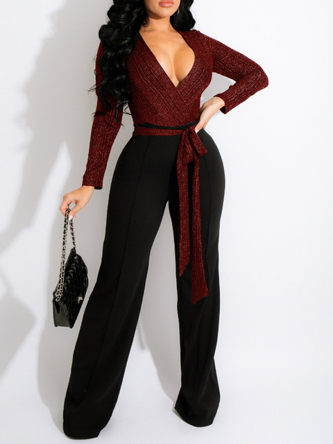 Women Jumpsuit V Neck Long Sleeves High Waist Sashes Sexy Party Fashion  Shiny Elegant One Pieces Rompers African Large Size New - AliExpress