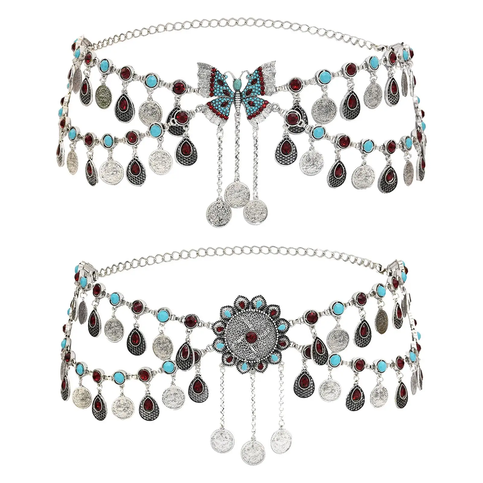 Belly Body Chain Waist Chain Jewelry Silver Color Coin Tassels Pendant Costume Rhinestone Turkish Gypsy Beach Belt for Women
