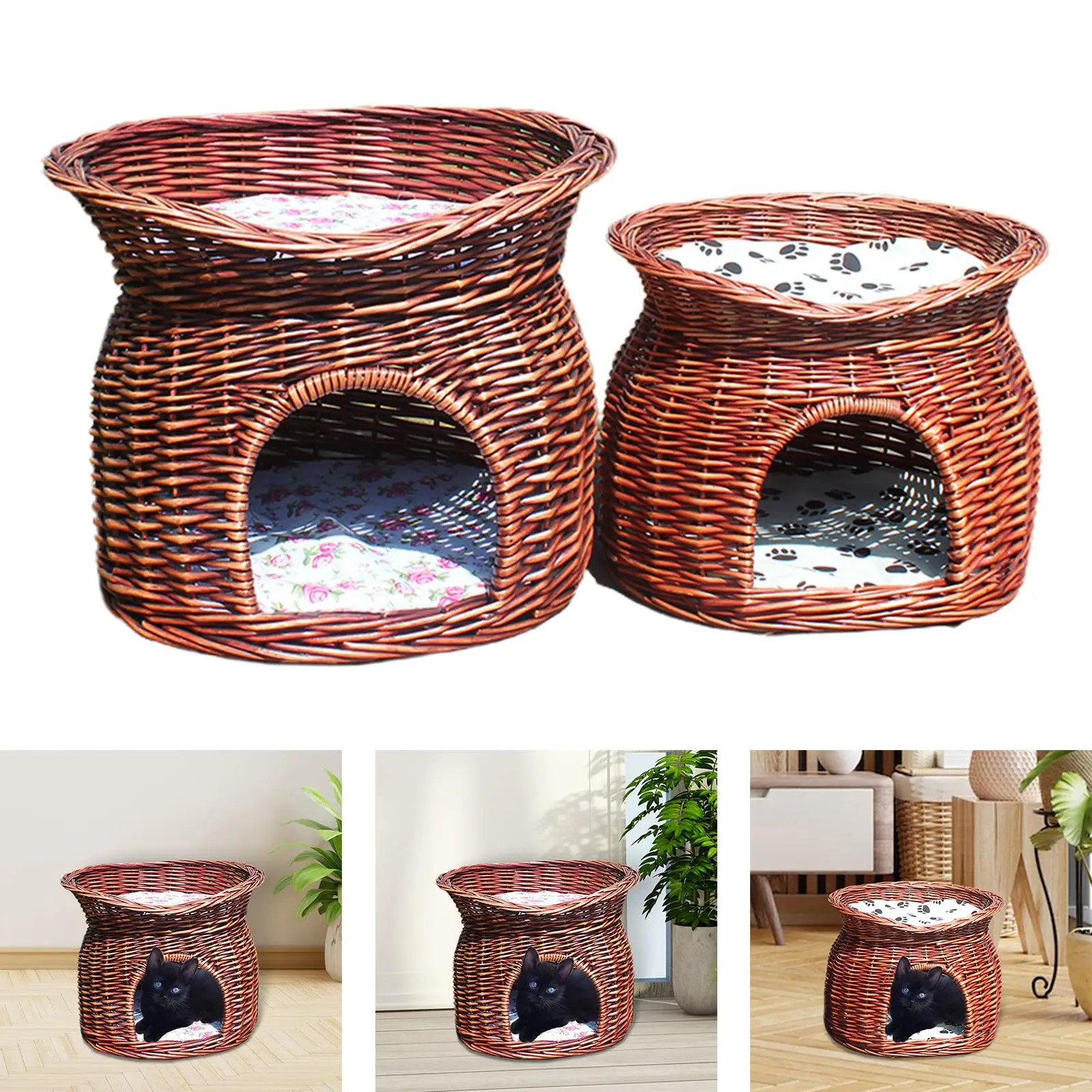 Pet House Rattan Woven Dog Bed with Soft Cushion Cat Nest Handmade Braided Cat Bed