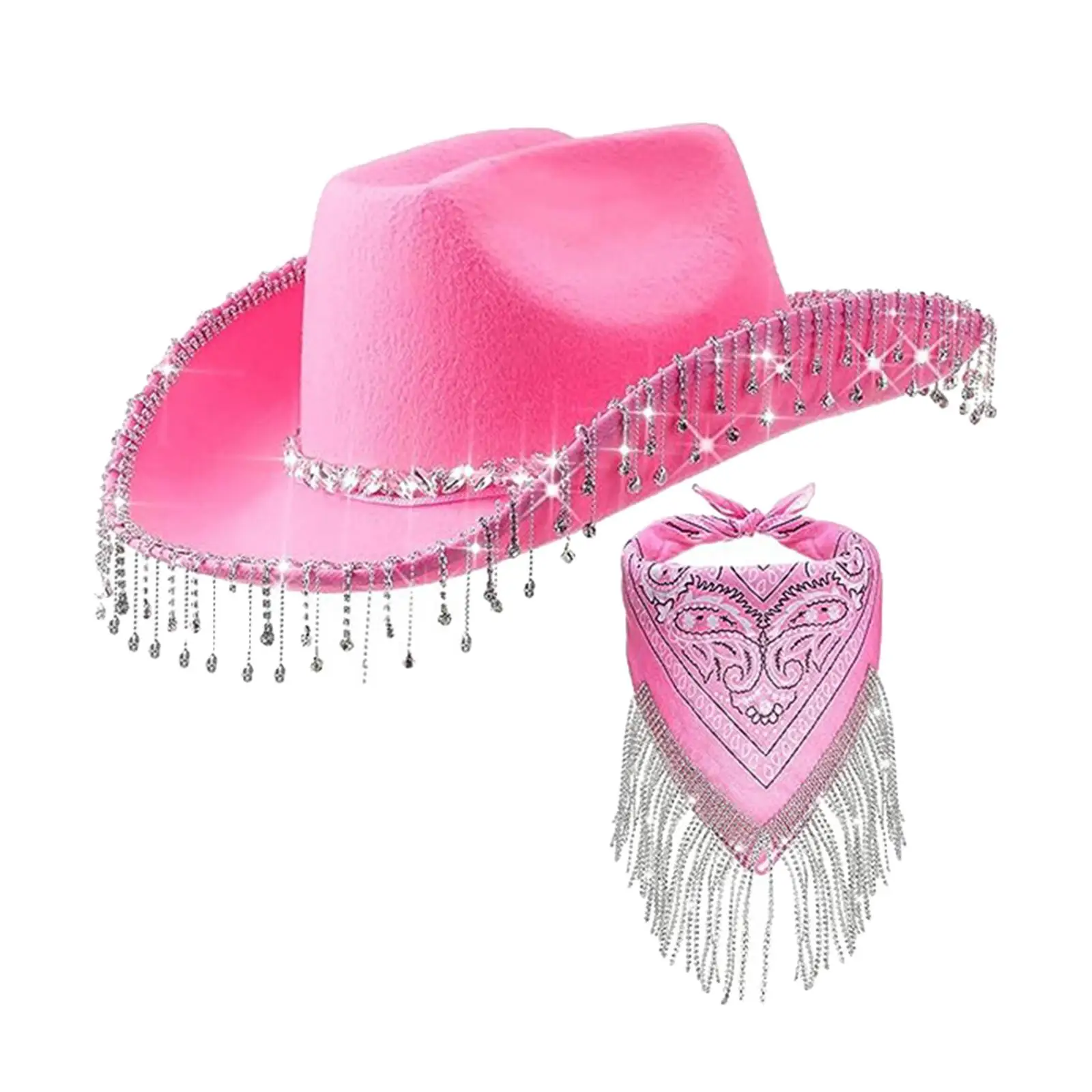 Western Cowboy Hat and Bandana Sunhat Rhinestone Fringe Hat Wide Brim Cap Cowgirl Hat for Women Role Play Bridal Travel Wedding