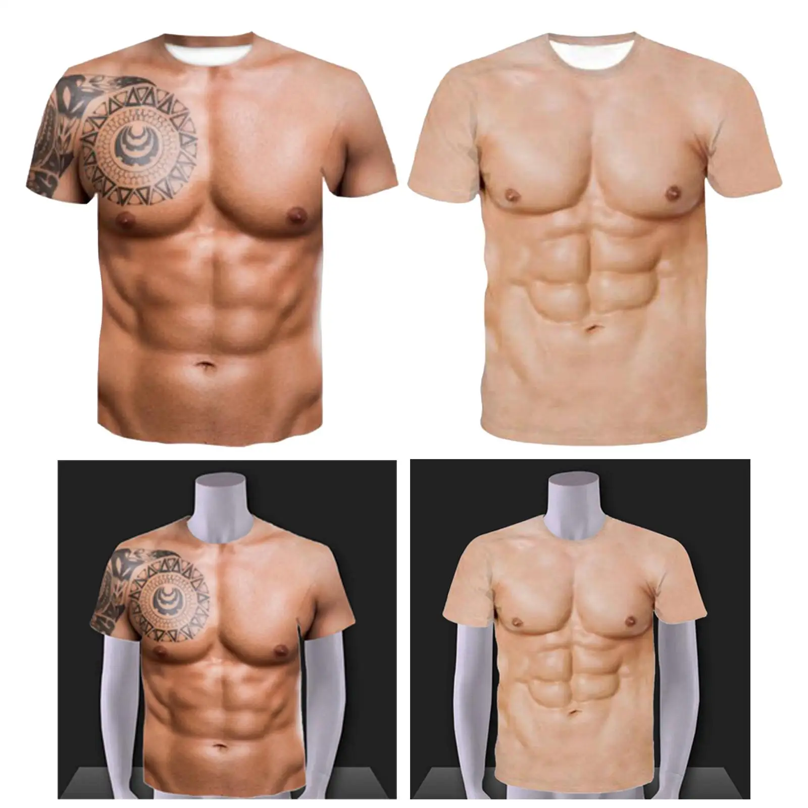 Round Neck Men's Muscle T Shirt Tee Tops Fake Muscle Shirts Strongman Graphic 3D Print Patterned Short Sleeve for Outdoor Sports