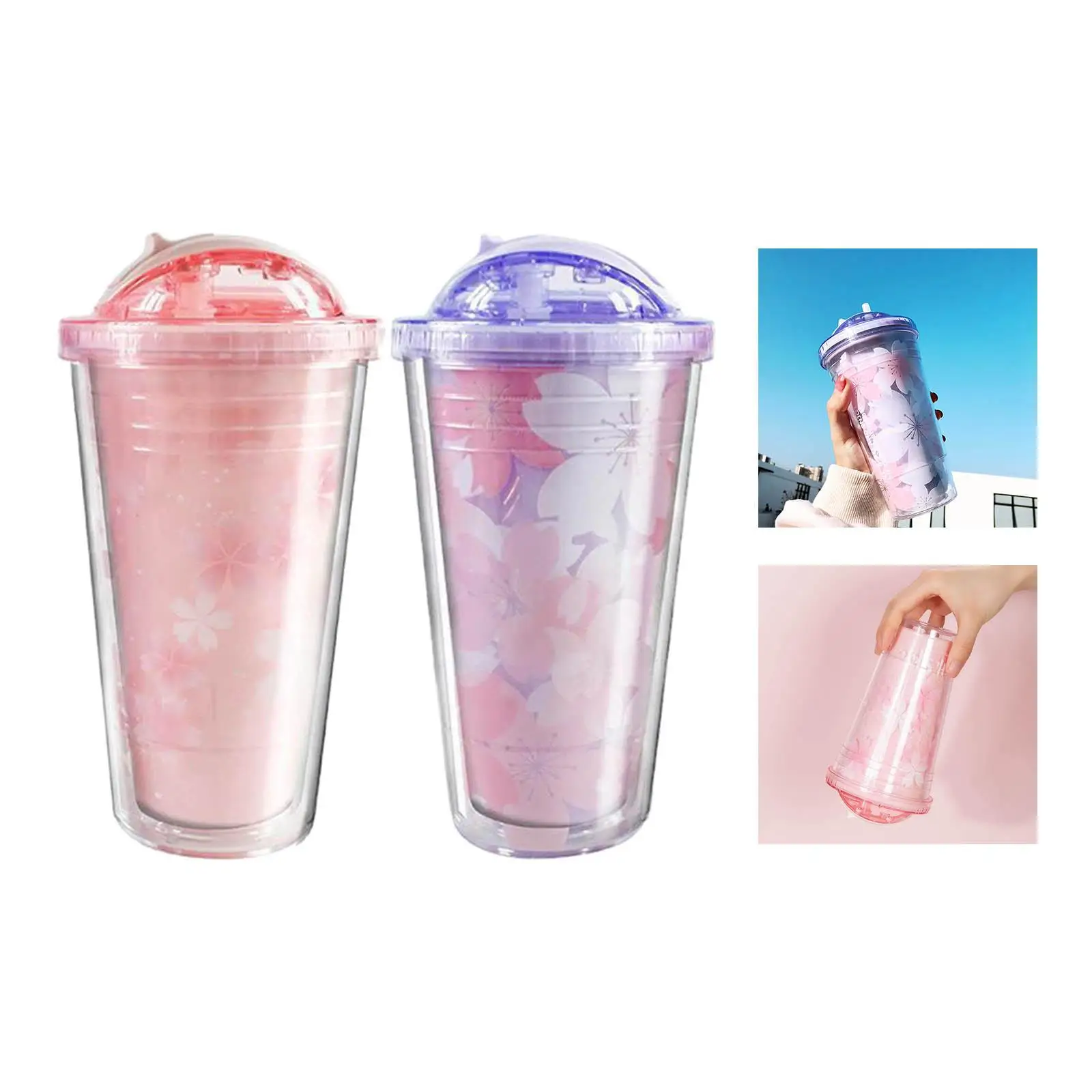 Plastic Cups, with Lids and Straw Double Wall Insulated Cold Cup, for Dining Boys Girls