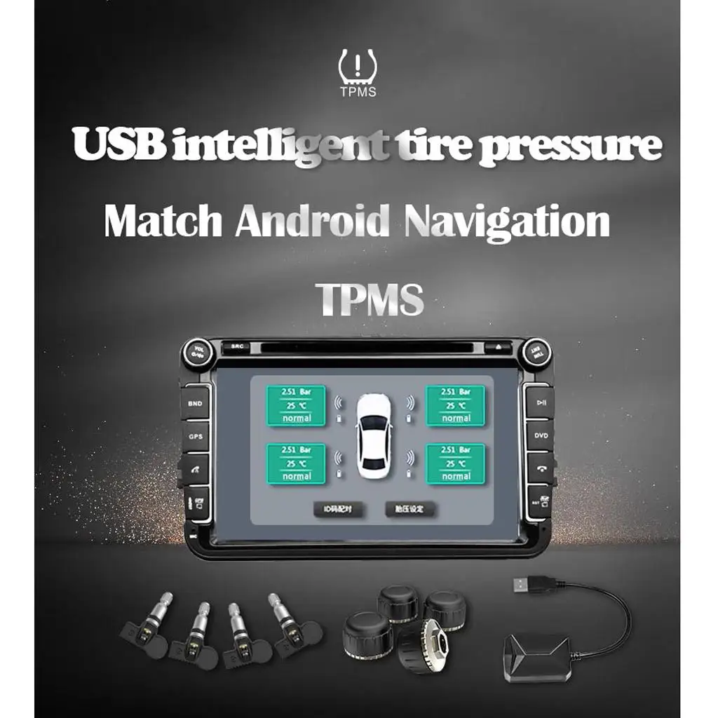 Tire Pressure Monitor Alarm with 4 Internal Sensors for Android Car Player