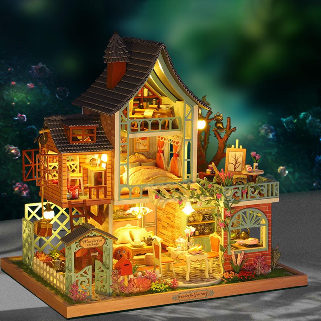 Jungle Resort Doll House, Room Boxes, W/ Switch Livingroom Miniature, for Christmas Crafts