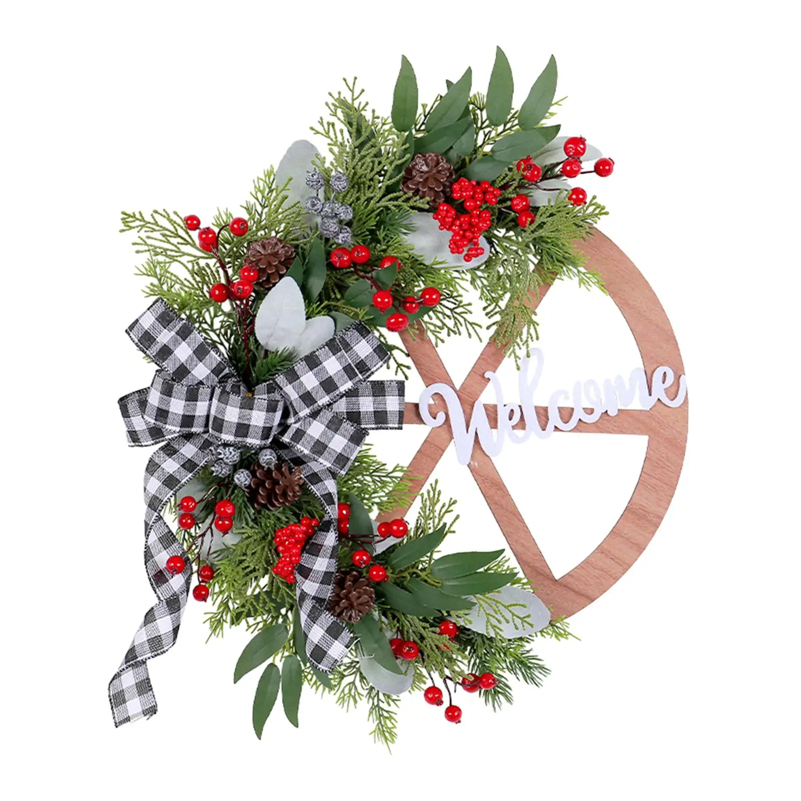Christmas Wreath Wagon Wheel Wreath Black White Plaid Bow Artificial Xmas Wreath Winter Wreath for Porch Home Indoor Outdoor