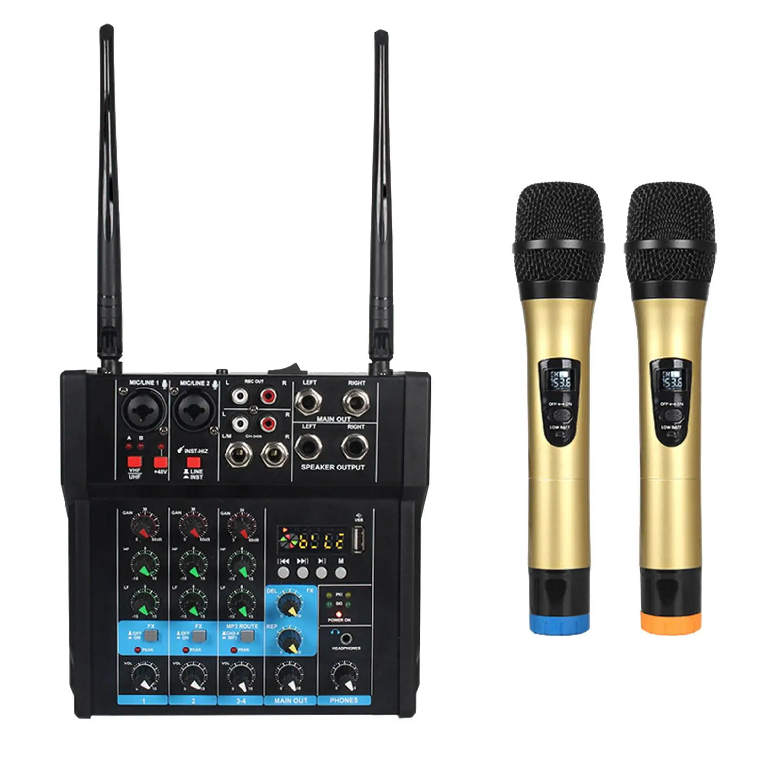 Audio Mixer with Dual Wireless Microphones USB MP3 Bluetooth DJ Mixer Sound Mixer for PC Recording Party Karaoke Live Streaming