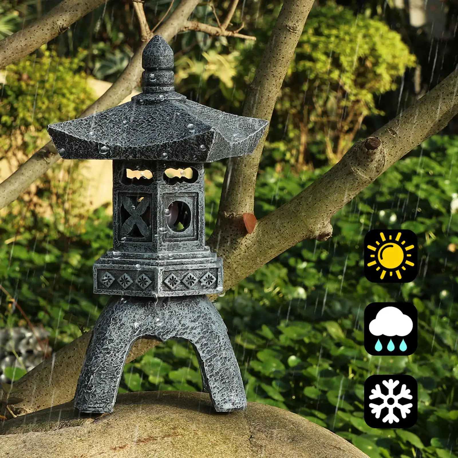Solar Pagoda Lantern Decorative Stone Finish Lamp for Pathway Yard Porch