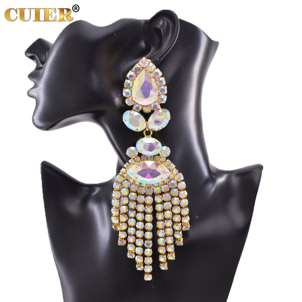 Strass SS28 Dazzling17CM Lange Quaste Clip auf Ohrring für Frauen Schmuck Kristall AB Große Größe Zubehör für Drag Queen – Detail 6