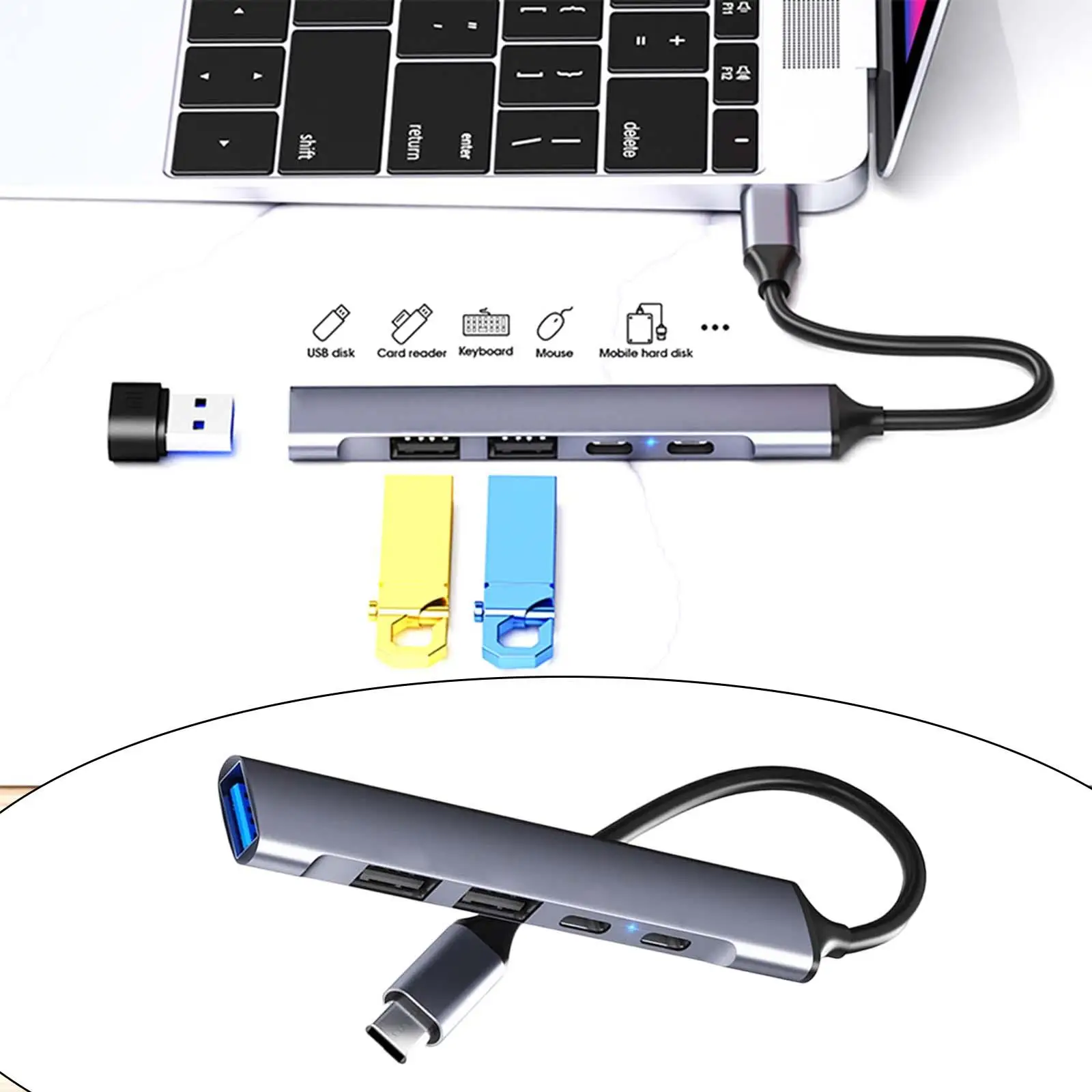 Portable USB Hub PD Fast Charging Data Transfer USB 3.0 5Gbps Converter Docking Station Multiports Adapter for Type C Devices