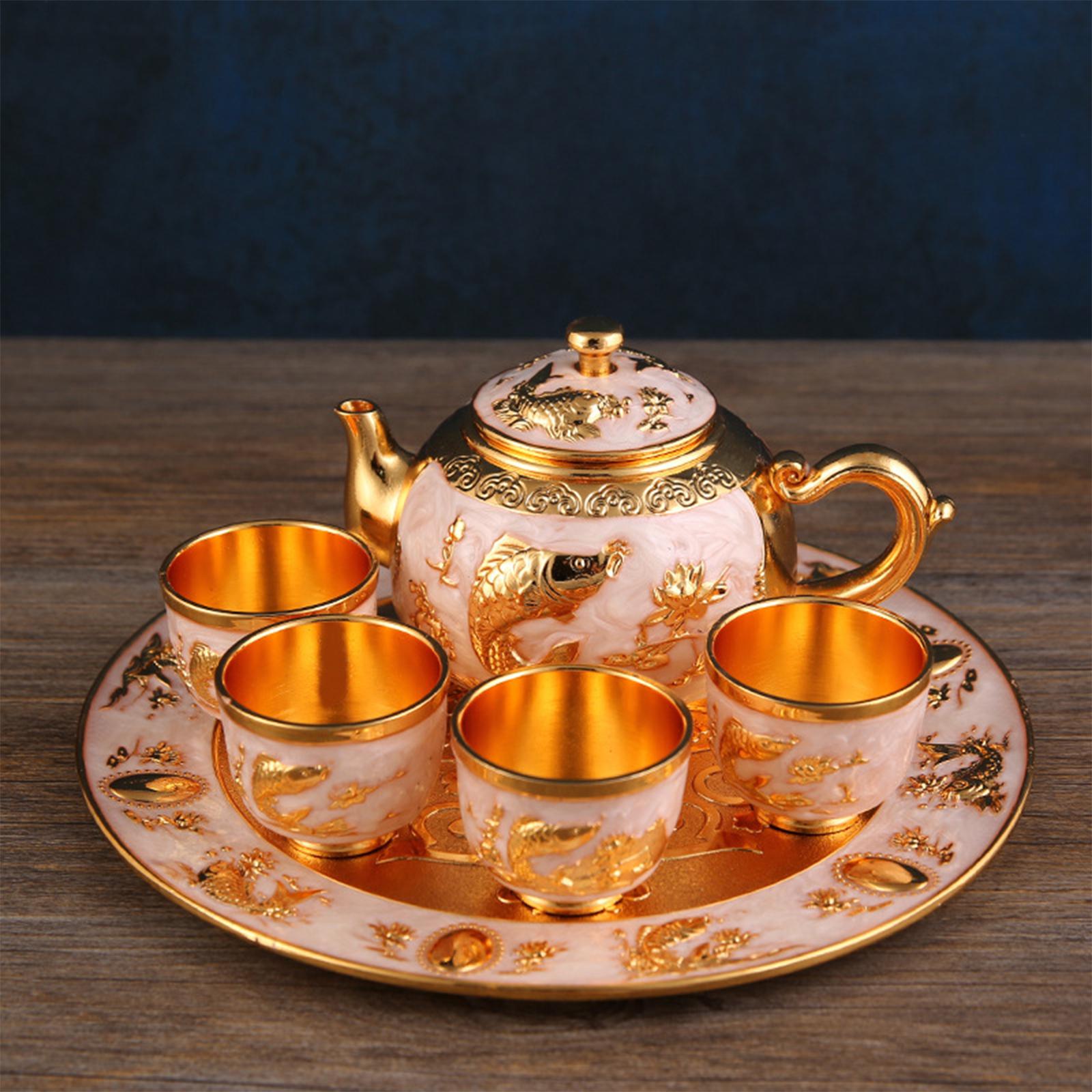 6x Coffee Pot Set with Tray Vintage Style Tea Cups and tray for Living room Ornaments Wedding Gift Dining Table