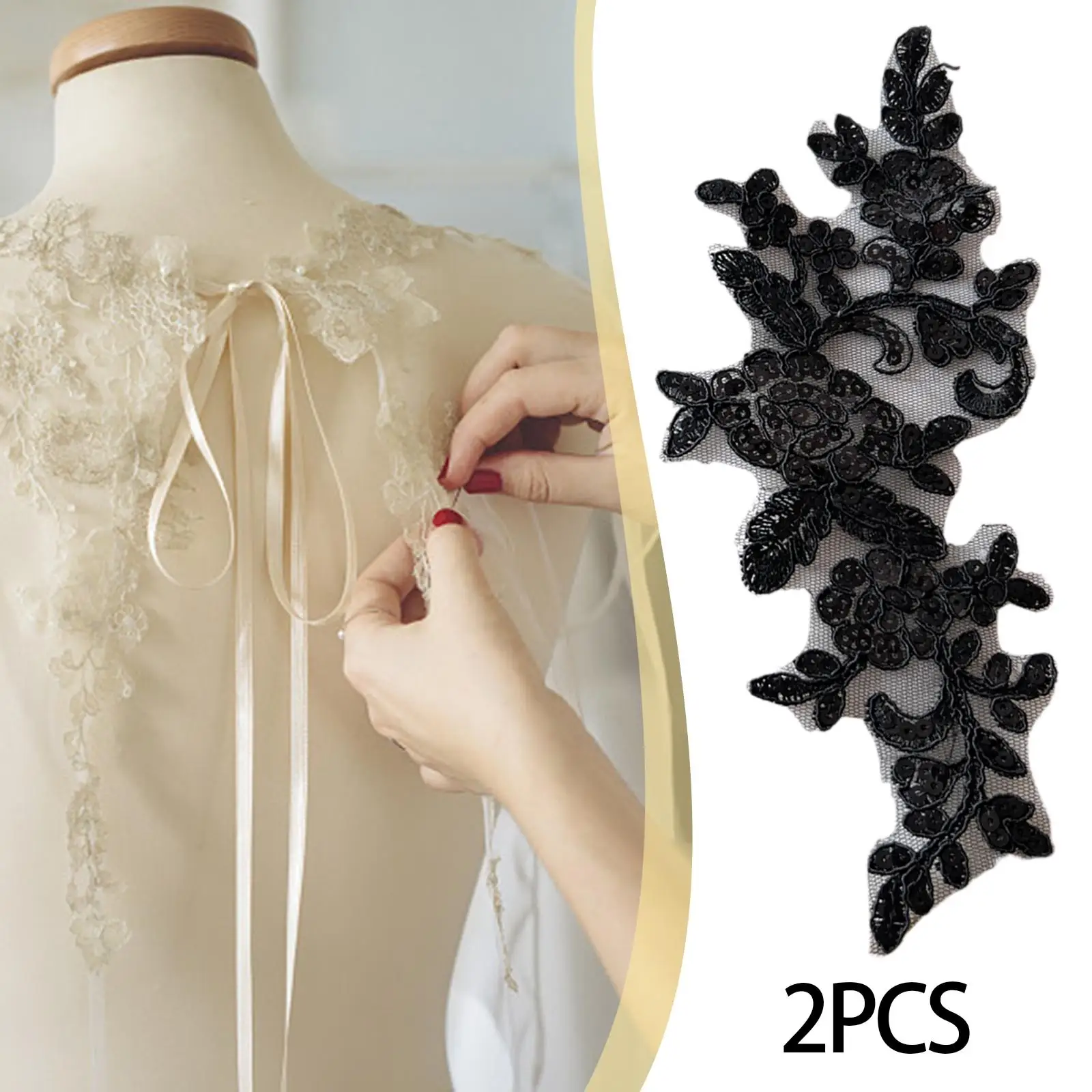2x Lace Applique Lace Trims Embroidery Appliques Sew on Patches for Repairing Decorating Sewing Crafts Evening Dress Costume