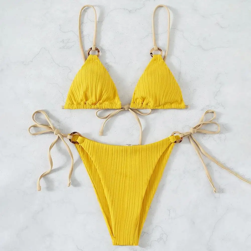 2 Pcs/Set Summer Bikini Set Solid Color Spaghetti Strap Hoop Classic Women Swimsuit for Water Sports