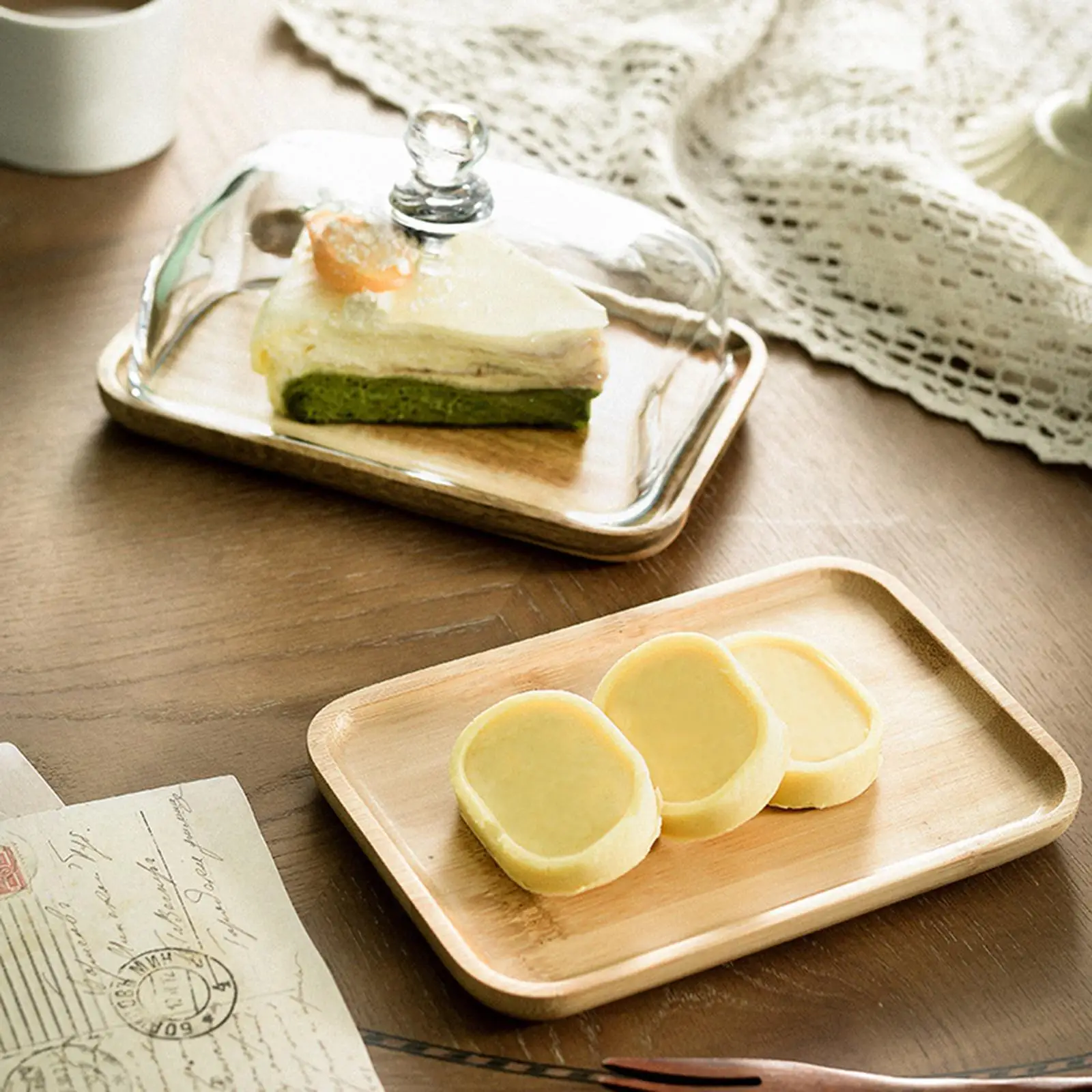 Cake  Cover, Visible Transparent Cookie Platter Display Holder Thickened Dust Proof Wood Serving Tray for Dining Table 