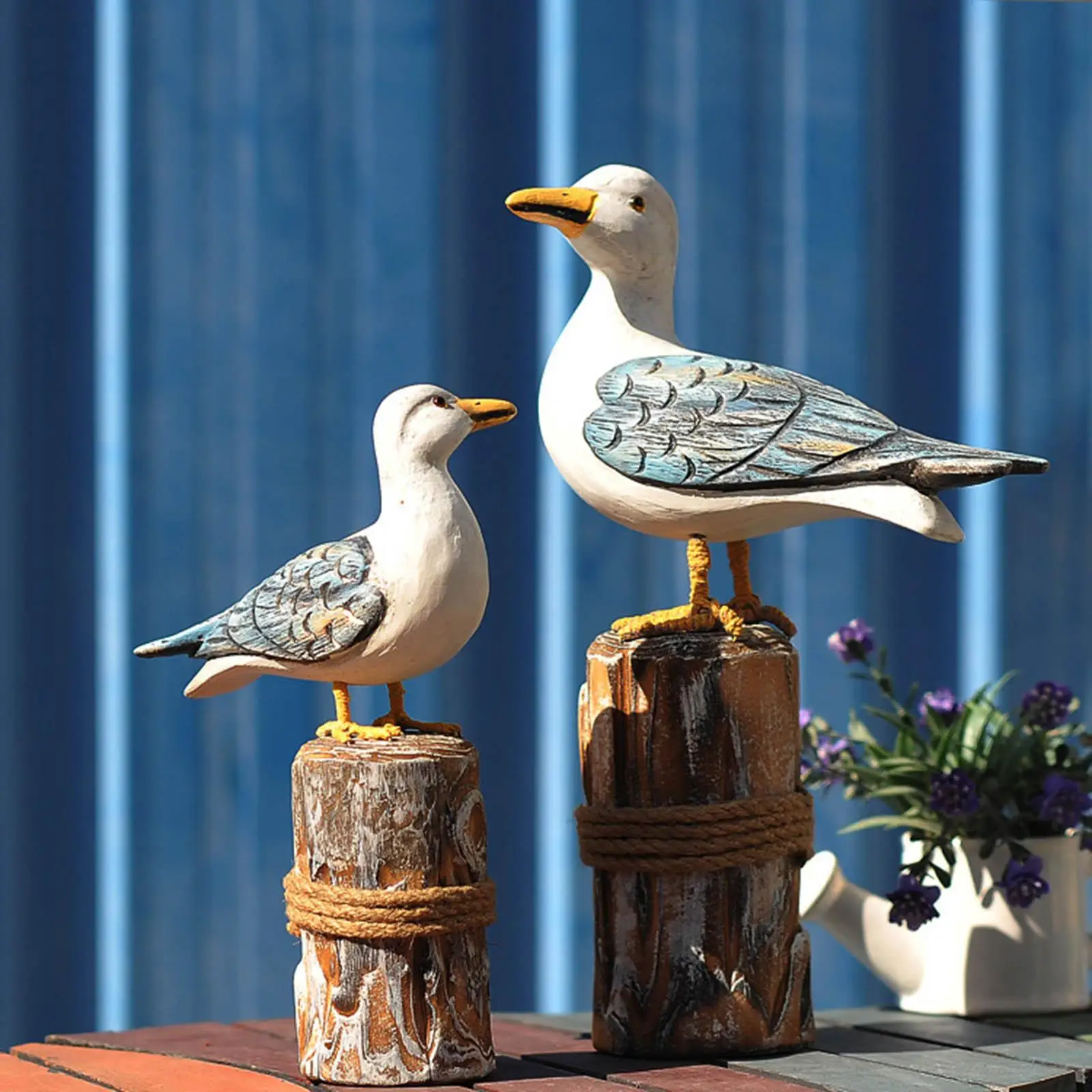 2Pcs Rustic Bird Statue Ornament Wooden Seagull Figurines for Garden Cabinet Decor