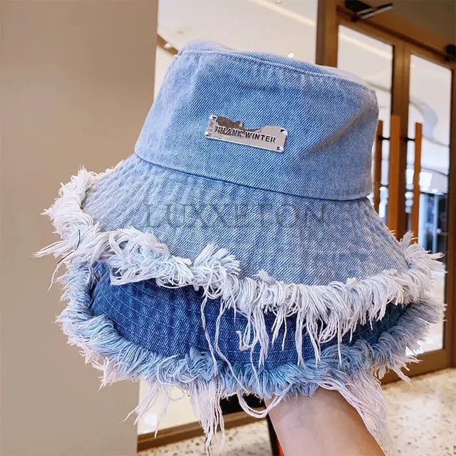 Summer Unisex Tassel Washed Denim Bucket Hats Fashion for Women