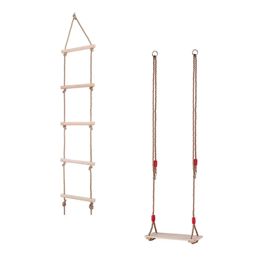 2 Pack Kids Wooden Swing  Adjustable Ropes & 5 Rungs Climbing Ladder Rope Swing Backyard  Replacement