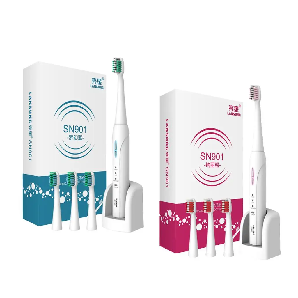 Sound Wave Rechargeable Eletric Toothbrushes + 3 Replacement Brush Heads Multi-angle Brushing