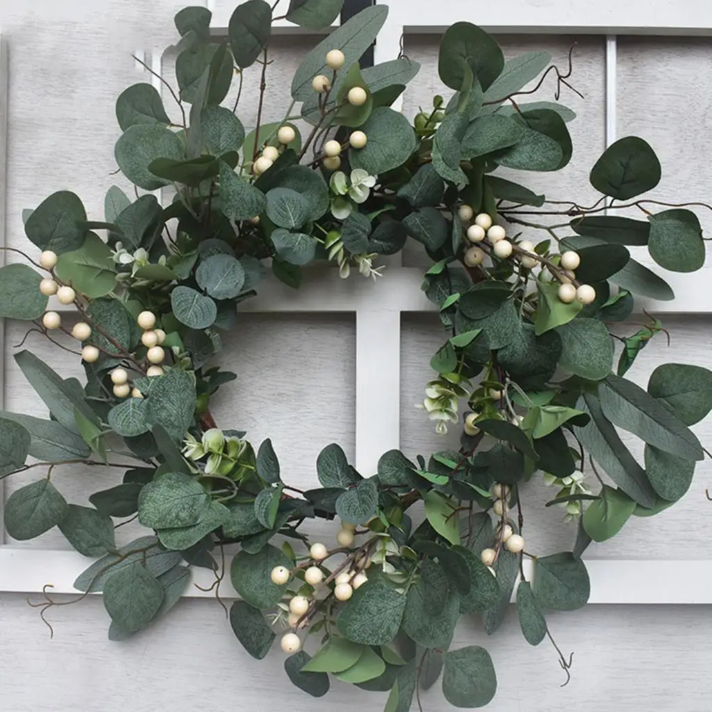 Artificial Green Eucalyptus Wreath, 20 inches Greenery Wreath with White Berries Mini Spring/ Wreath for Front Door Wall 