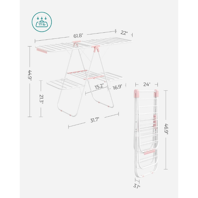 SONGMICS 2-Level Foldable Clothes Drying Rack, White + Silver