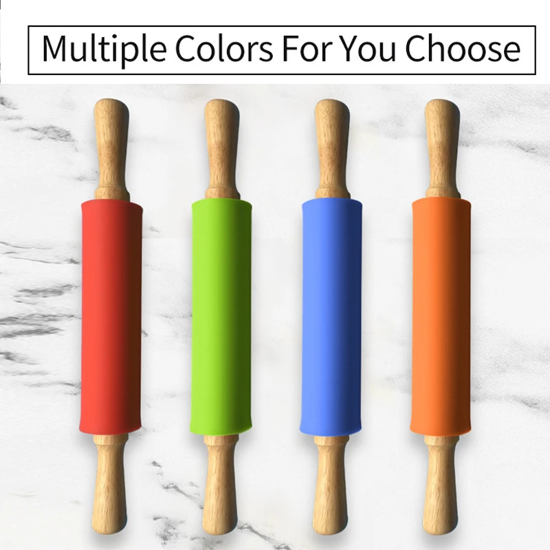 Description Picture 4 of item23/30/39cm Silicone Rolling Pin Non-Stick Pastry Dough Flour Roller Wooden Handle Pizza Pasta Roller Kitchen Pastry Baking Tool