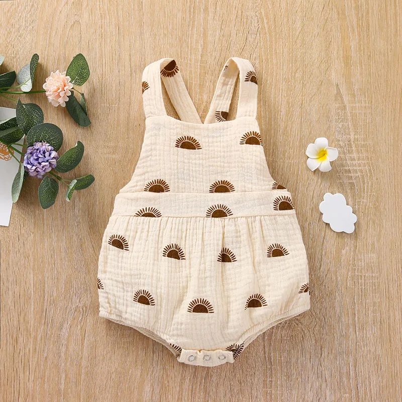 Newborn Baby Boys Girl Clothes Sun Printed Suspender Rompers Button Backless Casual Jumpsuits Children's Summer Clothing Bamboo fiber children's clothes