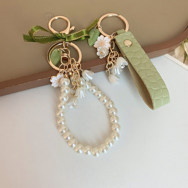 Lily of The Valley Flower Leather Keychain for Women Korea