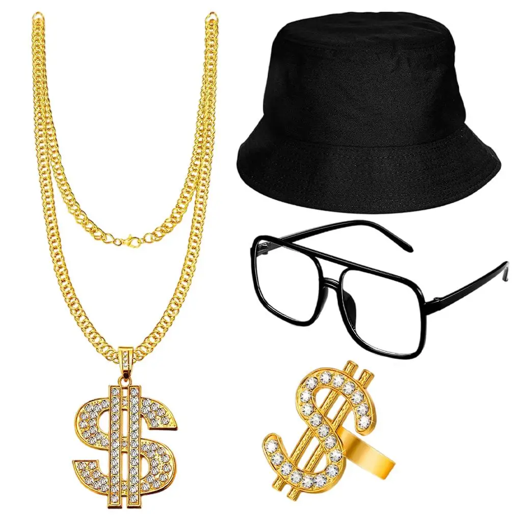 Hip Hop Costume Kit Bucket Hat Sunglasses Dollar Sign Gold Chain Ring Hip Hop Earring 80s/90s Rapper Accessories 